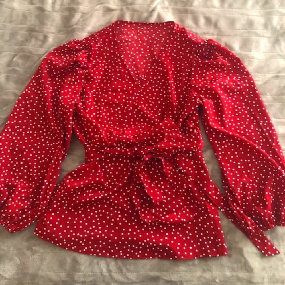 Red Wrap Long Sleeve Blouse with White polkadots XL